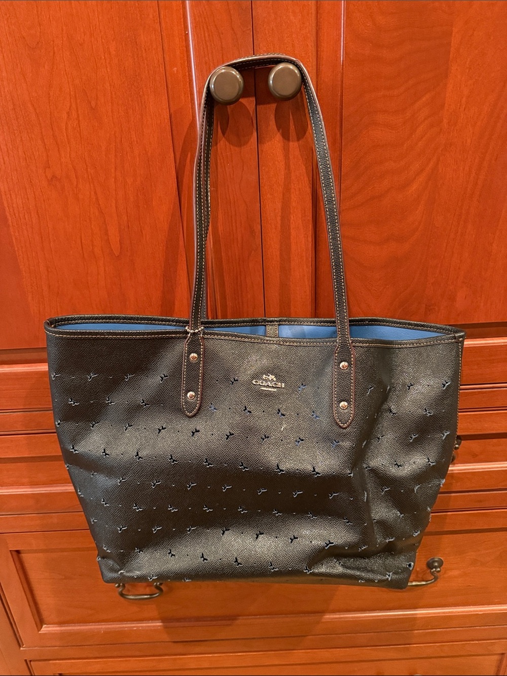 Coach Black Saffiano Leather Tote Bag with Butterfly Cutout
